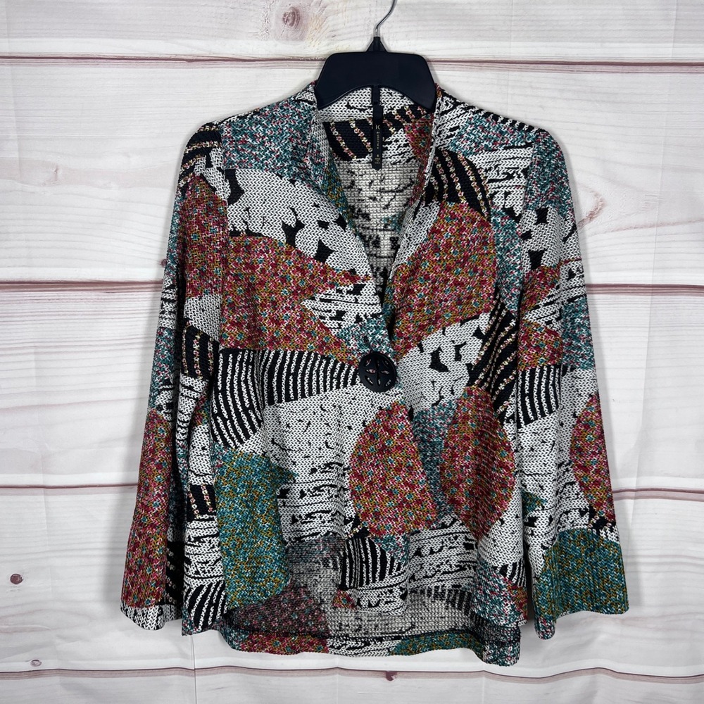 IC By Connie K Jacket Women S Multicolor Abstract Open Knit One Button Lagenlook